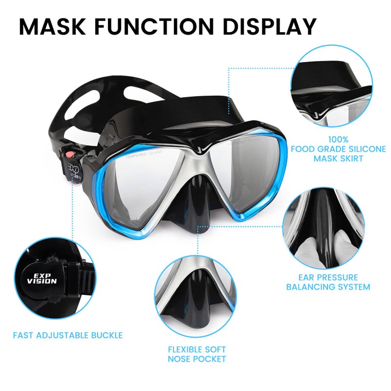 EXP VISION Adult Snorkel Set, Professional Snorkeling Gear Panoramic Anti-Fog Diving Goggles and Dry Snorkel Tempered Glass Scuba Mask for Diving, Snorkeling and Swimming (Blue-Silver Set) - Image 4